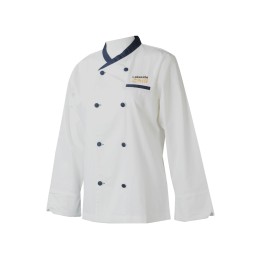 KI111 Manufacturing Female Chef Uniform Personal Design Long Sleeve Contrast Color Collar Contrast Button Double Row Embroidered LOGO Chef Uniform Chef Uniform Supplier    fitted chef coat   culinary uniform store KI111 Manufacturing Female Chef Uniform Personal Design Long Sleeve Contrast Color Collar Contrast Button Double Row Embroidered LOGO Chef Uniform Chef Uniform Supplier    fitted chef coat   culinary uniform store